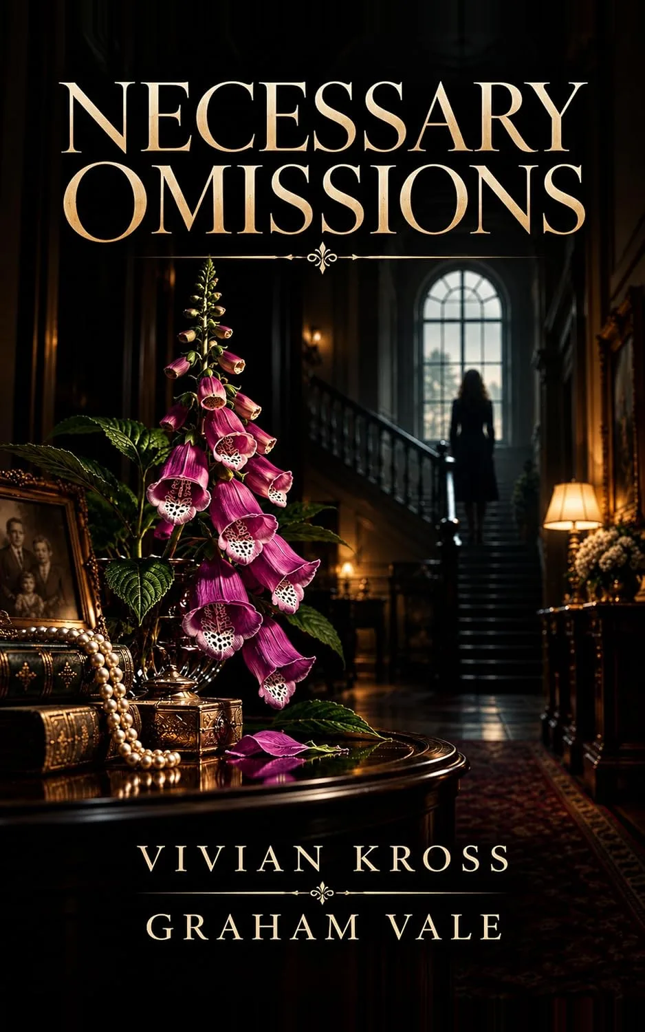 Cover of Necessary Omissions by Vivian Kross and Graham Vale, featuring foxglove flowers and a shadowed staircase