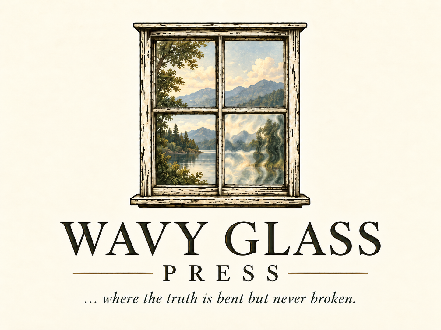 Wavy Glass Press emblem: a four-paned window, with one pane bending the scene beyond it, and the words where the truth is bent but never broken